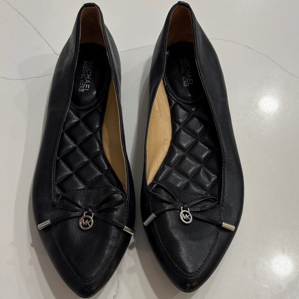 Michael Kors Black Leather Flats with Silver Accents